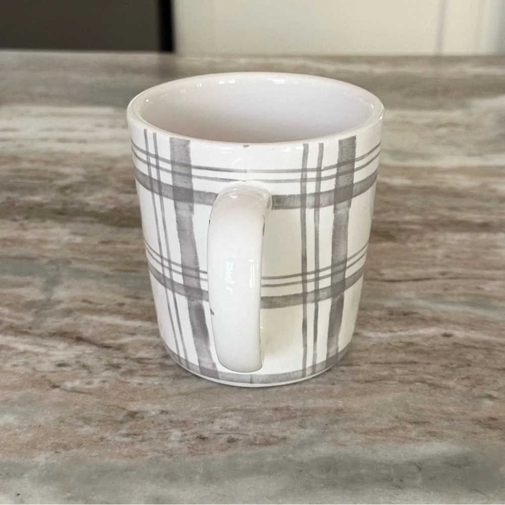 Pier 1 White and Grey Checkered Plaid Ironstone China Mug
